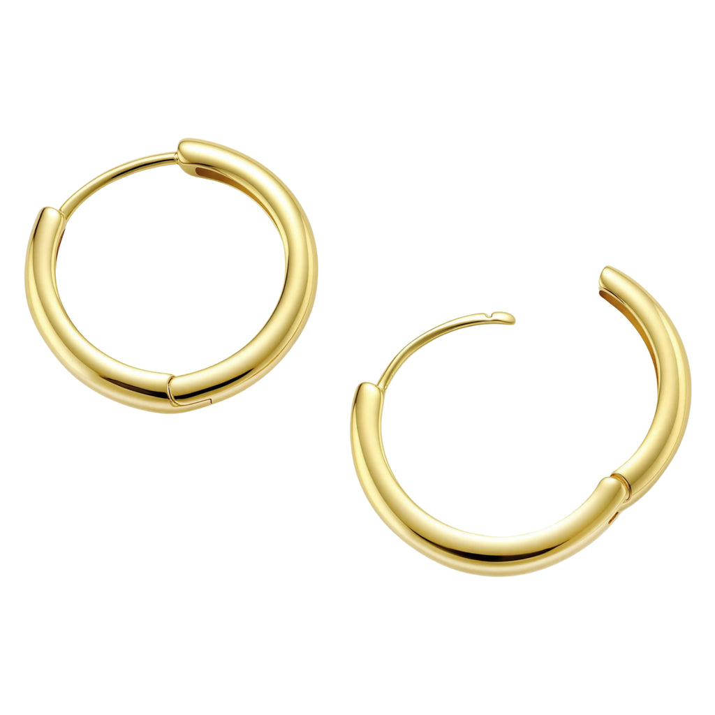 Polished gold-plated sterling silver hoop earrings with hinged closure mechanism on white background.
