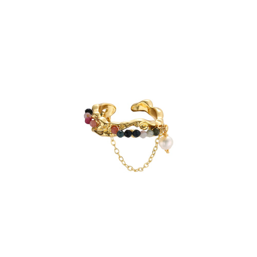 Gold sculptural cuff ring with multicolored tourmaline beads and baroque pearl drop on delicate chain