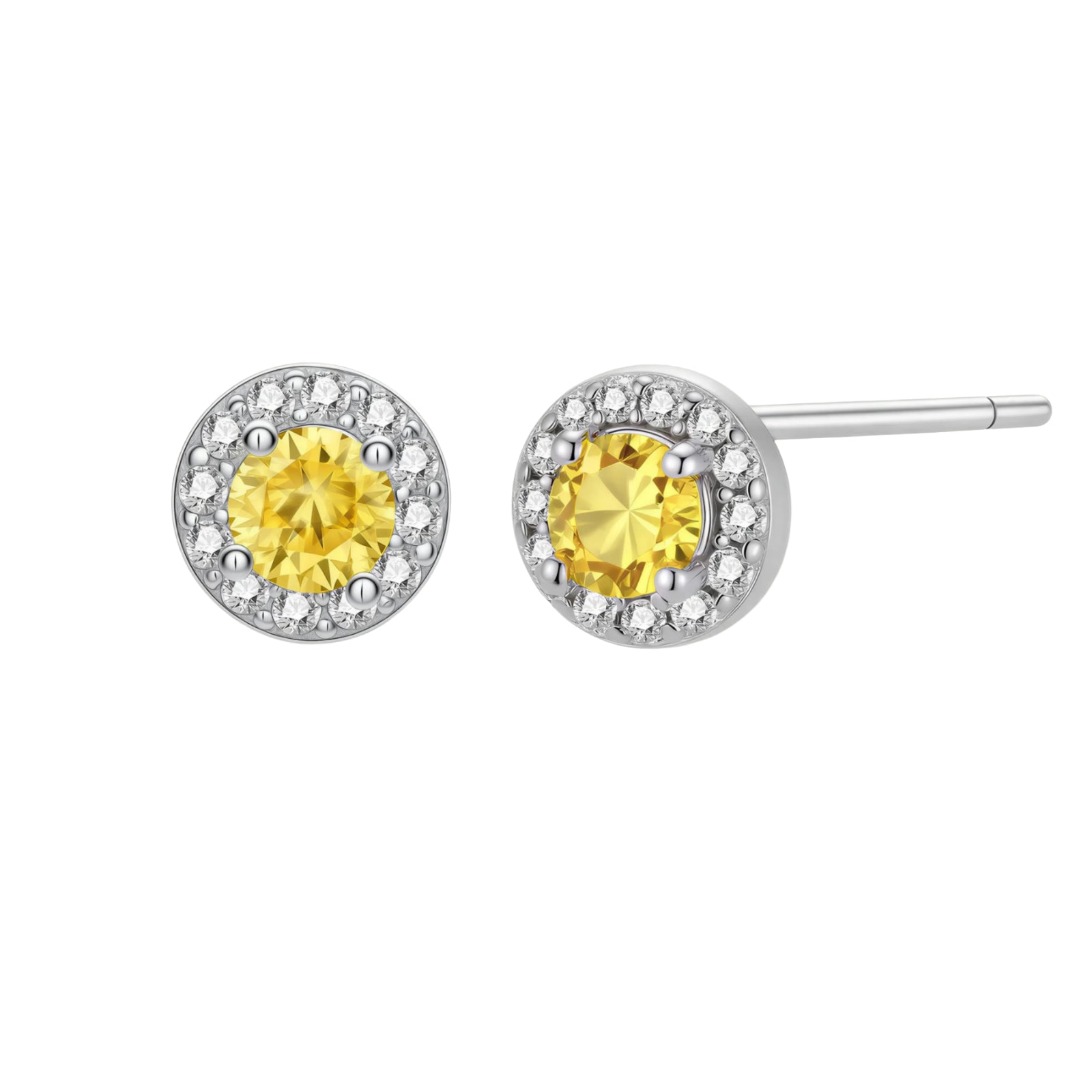 Dainty sterling silver stud earrings with yellow moissanite center stones surrounded by white halo stones
