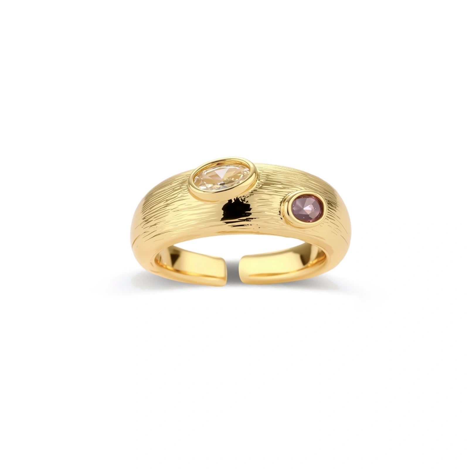 Gold-plated adjustable ring with textured band featuring champagne and purple gemstones on white background.