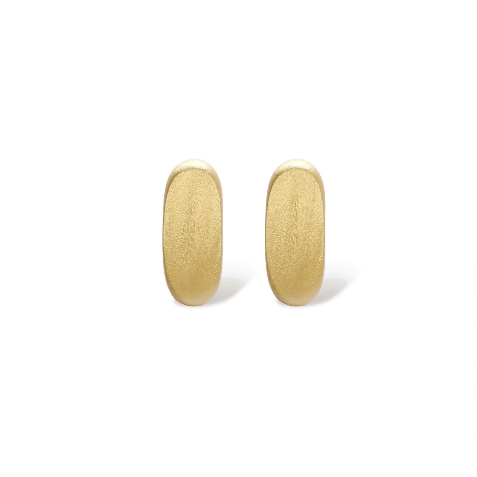 Small gold huggie earrings with matte finish, 14mm diameter, shown against cream background for everyday elegance.